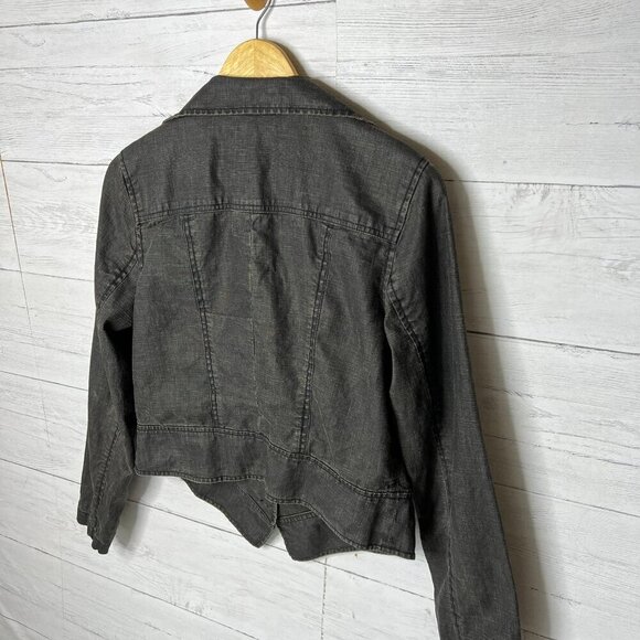 Cabi Jacket Womens Size Medium Black Faded Waxed 100% Linen Cropped Ruffle - Picture 14 of 16